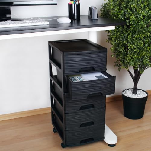 Schubladenschrank mit Rollen Rollcontainer mit 5 Schubladen Rollschrank aus Kunststoff Rollwagen (Schwarz)