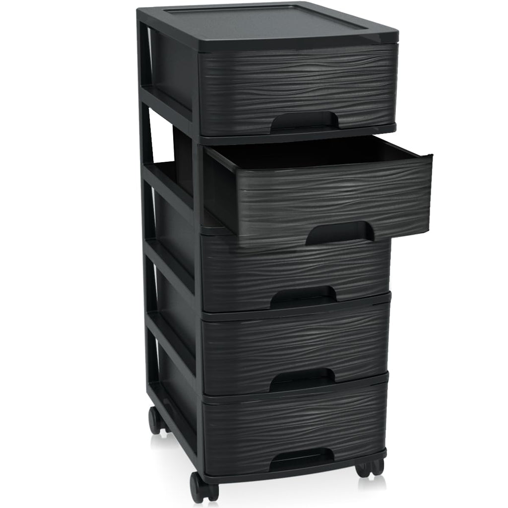 Schubladenschrank mit Rollen Rollcontainer mit 5 Schubladen Rollschrank aus Kunststoff Rollwagen (Schwarz)