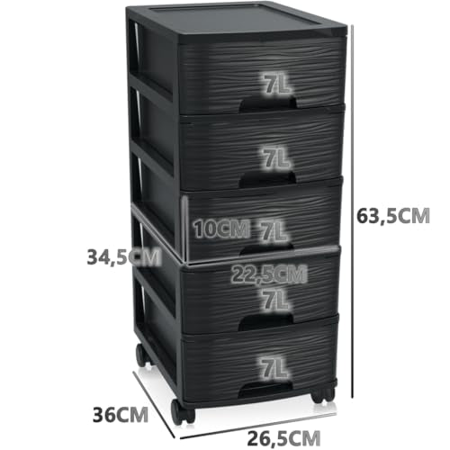 Schubladenschrank mit Rollen Rollcontainer mit 5 Schubladen Rollschrank aus Kunststoff Rollwagen (Schwarz)
