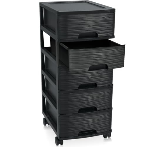 Schubladenschrank mit Rollen Rollcontainer mit 5 Schubladen Rollschrank aus Kunststoff Rollwagen (Schwarz)