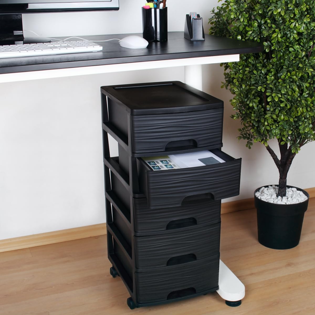 Schubladenschrank mit Rollen Rollcontainer mit 5 Schubladen Rollschrank aus Kunststoff Rollwagen (Schwarz)
