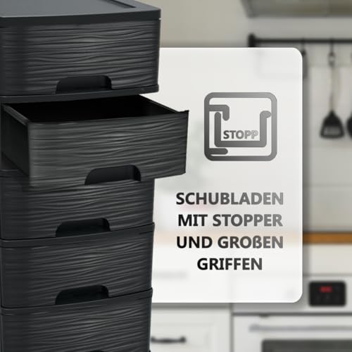 Schubladenschrank mit Rollen Rollcontainer mit 5 Schubladen Rollschrank aus Kunststoff Rollwagen (Schwarz)