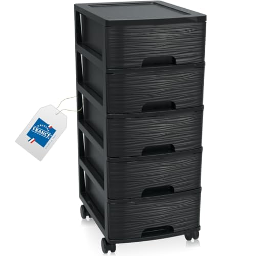 Schubladenschrank mit Rollen Rollcontainer mit 5 Schubladen Rollschrank aus Kunststoff Rollwagen (Schwarz)