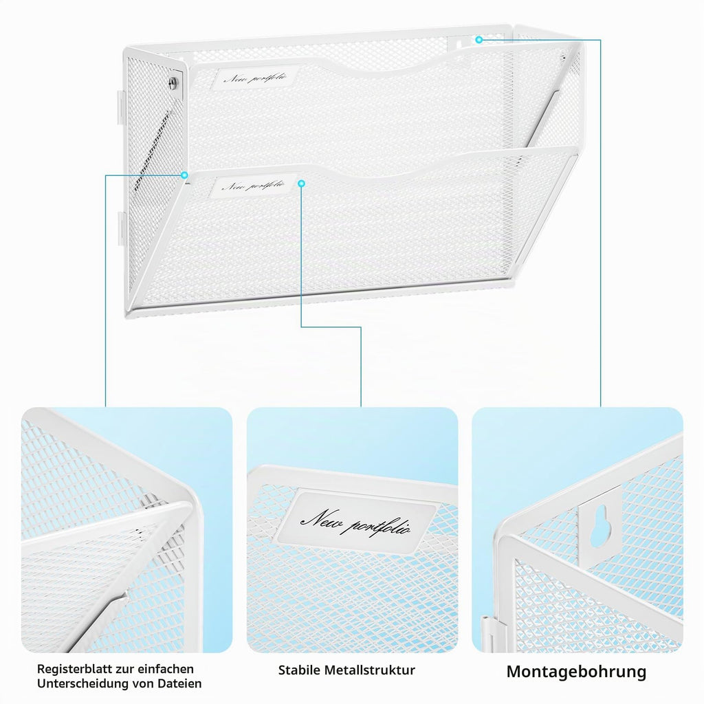 Marbrasse 2 Fächer Netz A4 Hängeregister Zeitschriftenhalter Wand (Weiß)