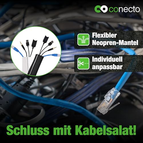 conecto Neopren Kabelschlauch mit Klettverschluss universell Kabelkanal Kabelmanagement Kabelorganizer Kabelführung schwarz/weiß, 3,0m