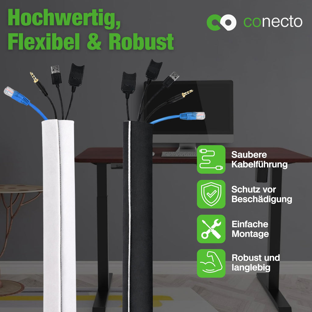 conecto Neopren Kabelschlauch mit Klettverschluss universell Kabelkanal Kabelmanagement Kabelorganizer Kabelführung schwarz/weiß, 3,0m