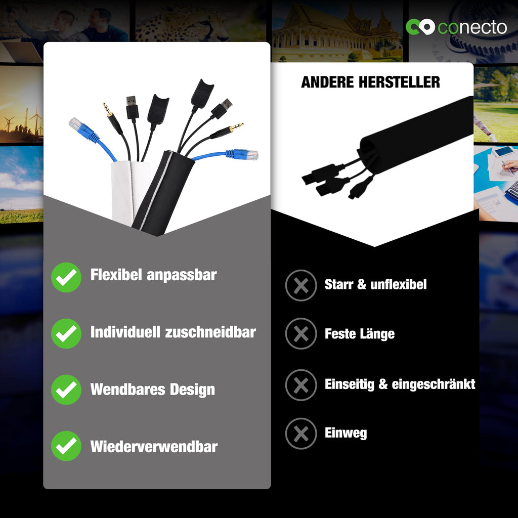 conecto Neopren Kabelschlauch mit Klettverschluss universell Kabelkanal Kabelmanagement Kabelorganizer Kabelführung schwarz/weiß, 3,0m