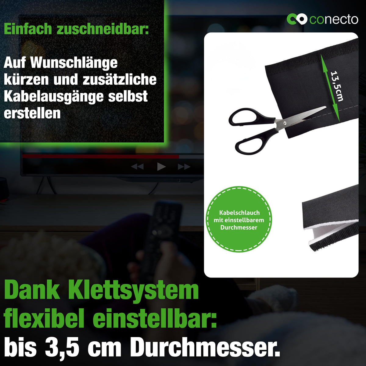 conecto Neopren Kabelschlauch mit Klettverschluss universell Kabelkanal Kabelmanagement Kabelorganizer Kabelführung schwarz/weiß, 3,0m