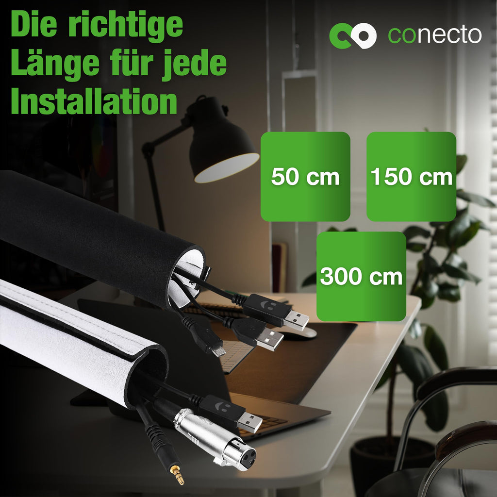 conecto Neopren Kabelschlauch mit Klettverschluss universell Kabelkanal Kabelmanagement Kabelorganizer Kabelführung schwarz/weiß, 3,0m