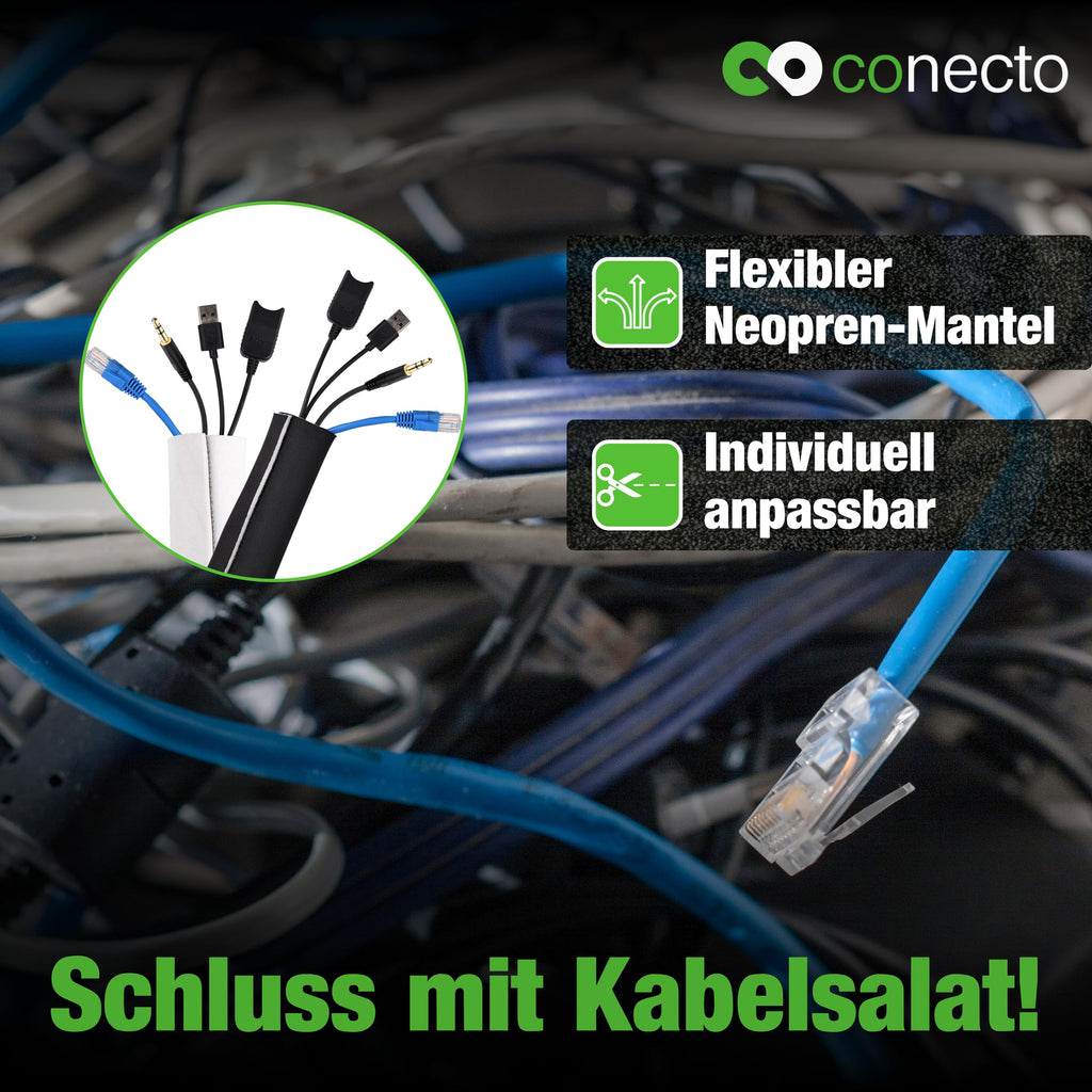 conecto Neopren Kabelschlauch mit Klettverschluss universell Kabelkanal Kabelmanagement Kabelorganizer Kabelführung schwarz/weiß, 3,0m