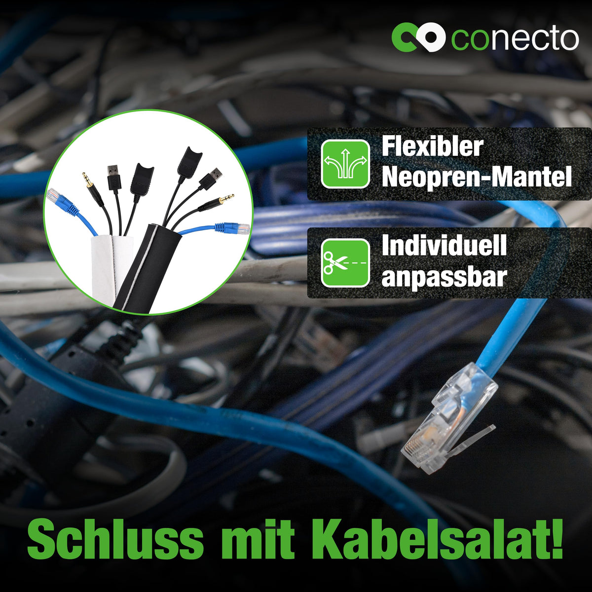 conecto Neopren Kabelschlauch mit Klettverschluss universell Kabelkanal Kabelmanagement Kabelorganizer Kabelführung schwarz/weiß, 3,0m