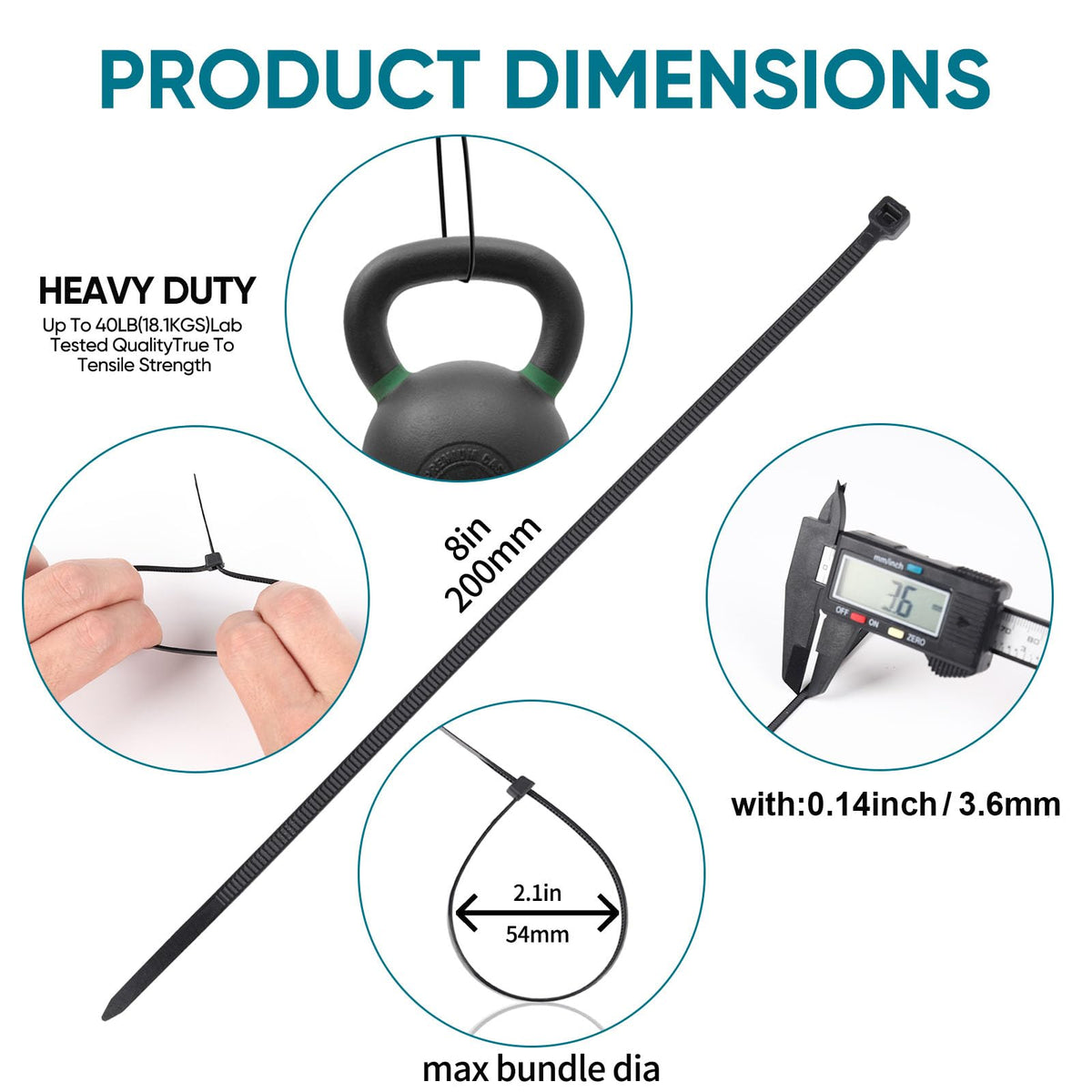 1000 Stück Kabelbinder Schwarz, 200mm x 3,6mm Industrie Cable Ties, Mehrzweck UV-Beständig Langlebig Klein Nylon Selbstsicherndes Zip Tie mit 18kg für Gartenarbeit, Hause, Büro, Werkstatt und den Auße
