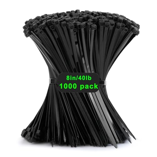 1000 Stück Kabelbinder Schwarz, 200mm x 3,6mm Industrie Cable Ties, Mehrzweck UV-Beständig Langlebig Klein Nylon Selbstsicherndes Zip Tie mit 18kg für Gartenarbeit, Hause, Büro, Werkstatt und den Auße