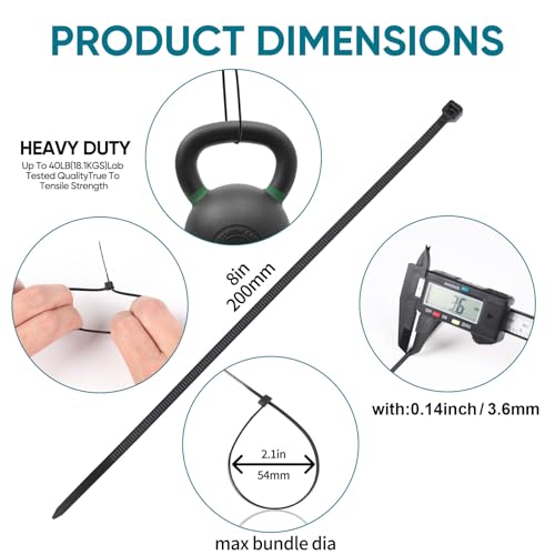 1000 Stück Kabelbinder Schwarz, 200mm x 3,6mm Industrie Cable Ties, Mehrzweck UV-Beständig Langlebig Klein Nylon Selbstsicherndes Zip Tie mit 18kg für Gartenarbeit, Hause, Büro, Werkstatt und den Auße