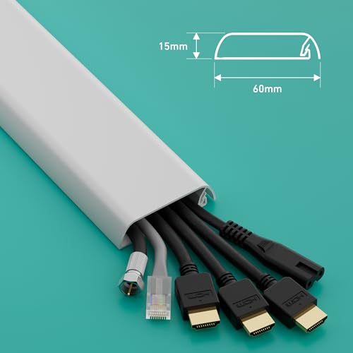 D-Line TV Kabelabdeckung, Kabel an der Wand verstecken, Selbstklebender Kabelverstecker, nahtloses, flaches Design – 60mm (B) x 15mm (H) x 40cm Länge – Weiß
