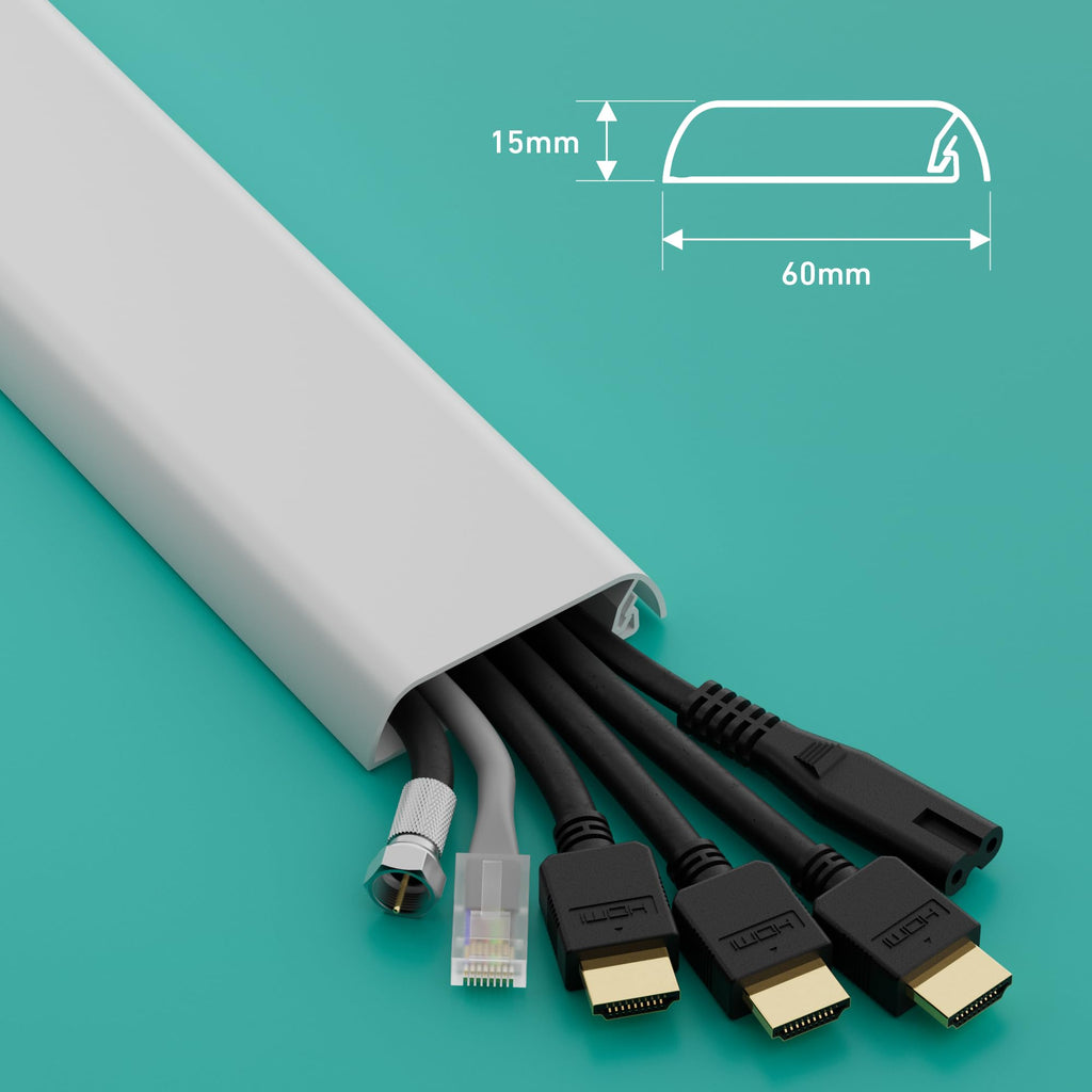 D-Line TV Kabelabdeckung, Kabel an der Wand verstecken, Selbstklebender Kabelverstecker, nahtloses, flaches Design – 60mm (B) x 15mm (H) x 40cm Länge – Weiß
