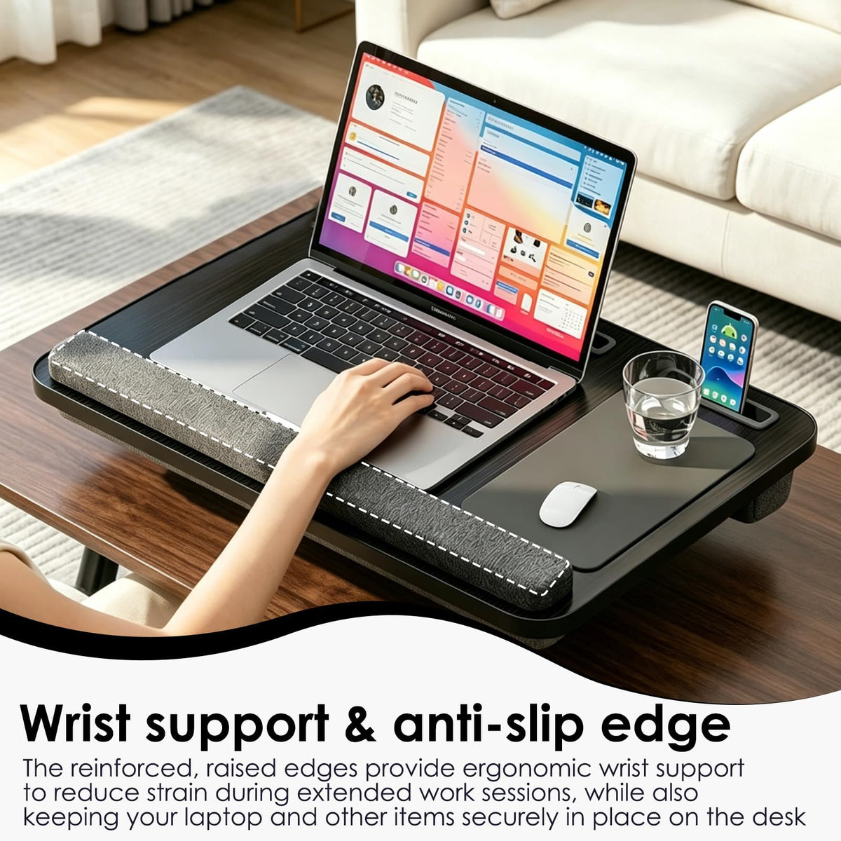 Laptopkissen für Bett mit Handgelenkauflage, bis 16" (Schwarz)