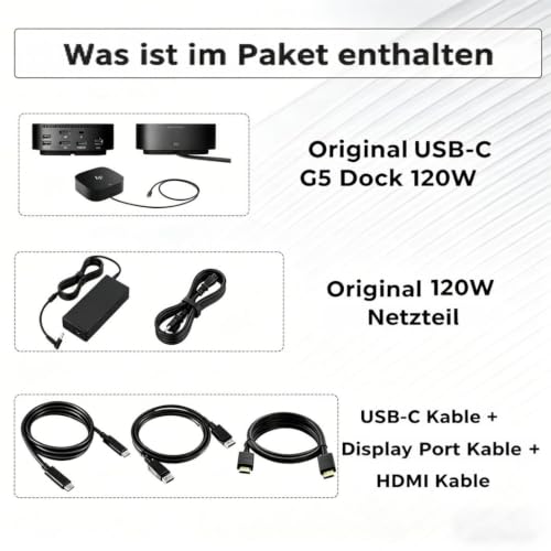 HP G5 Dockingstation 120W Essential USB-C Thunderbolt Docking Station mit 120W AC Adapter + HDMI Kabel + DisplayPort Kabel + USB-C Kabel