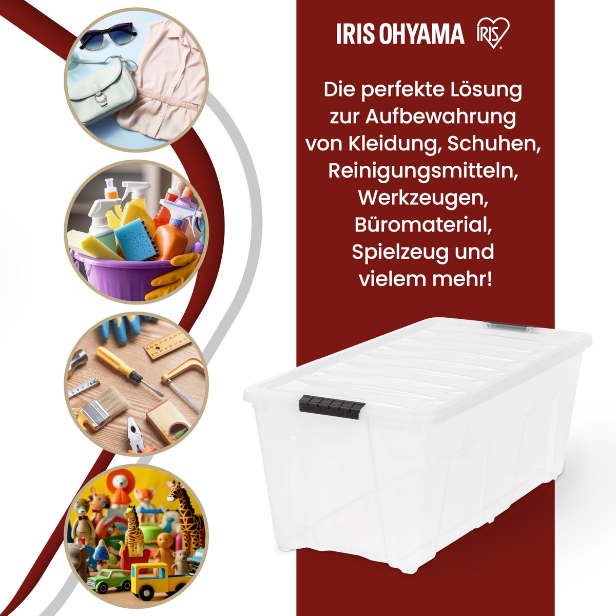 Iris Ohyama Aufbewahrungsbox mit Deckel, 80L, 4er-Set, Transparent, Schnappverschlüsse mit Griffen, Stapelbar, Stark & Langlebig, Für Kleidung, Garage, Zuhause, Büro, Plastikbox, Lagerung TB-84D