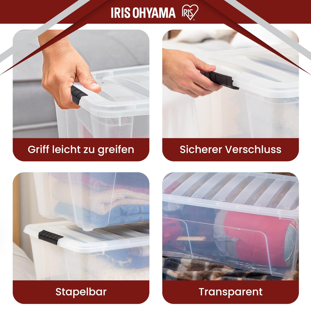 Iris Ohyama Aufbewahrungsbox mit Deckel, 80L, 4er-Set, Transparent, Schnappverschlüsse mit Griffen, Stapelbar, Stark & Langlebig, Für Kleidung, Garage, Zuhause, Büro, Plastikbox, Lagerung TB-84D