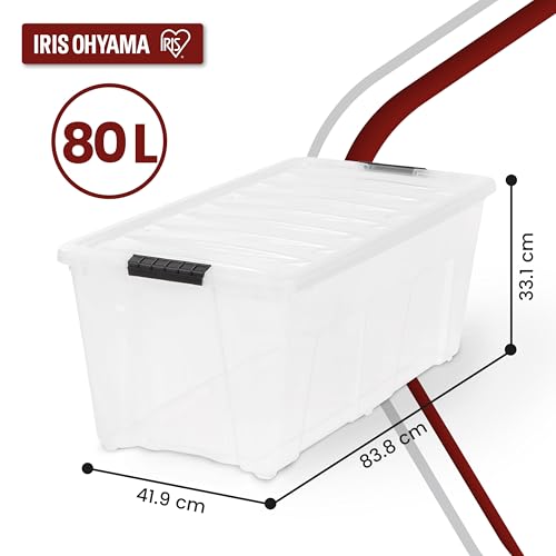 Iris Ohyama Aufbewahrungsbox mit Deckel, 80L, 4er-Set, Transparent, Schnappverschlüsse mit Griffen, Stapelbar, Stark & Langlebig, Für Kleidung, Garage, Zuhause, Büro, Plastikbox, Lagerung TB-84D