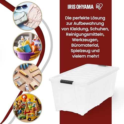 Iris Ohyama Aufbewahrungsbox mit Deckel, 80L, 4er-Set, Transparent, Schnappverschlüsse mit Griffen, Stapelbar, Stark & Langlebig, Für Kleidung, Garage, Zuhause, Büro, Plastikbox, Lagerung TB-84D