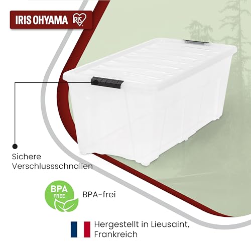 Iris Ohyama Aufbewahrungsbox mit Deckel, 80L, 4er-Set, Transparent, Schnappverschlüsse mit Griffen, Stapelbar, Stark & Langlebig, Für Kleidung, Garage, Zuhause, Büro, Plastikbox, Lagerung TB-84D
