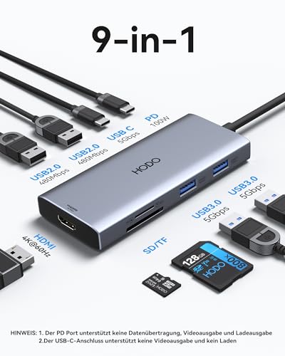 HODO USB C Hub für MacBook, USB-C Adapter Multiport 9 in 1