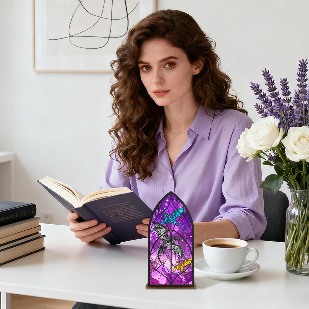 Buchstütze Drache, Fantasy Deko Bücherregal mit Acryl-Holz Design Buchstützen Buchenden für Buchliebhaber, Dekorative Robuste Buchstützen Bücherregalhalter für Zuhause, Schlafzimmer, Arbeitszimmer