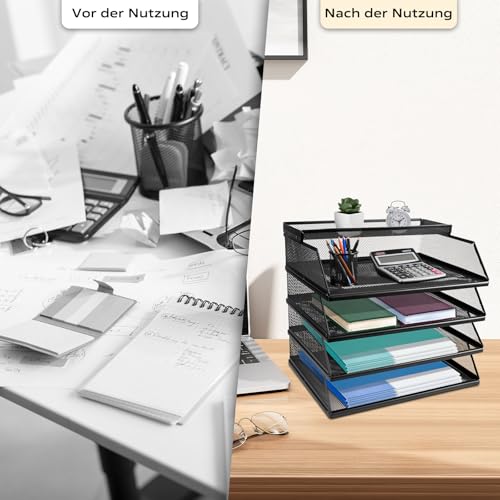 Dokumentenablage A4 Stapelbare Briefablage mit 4 Fächern (32 x 25 x 30 cm), Papierablage Schreibtisch Organizer, Aktenablage Ablagesystem für Büro und Arbeitszimmer, Schwarz