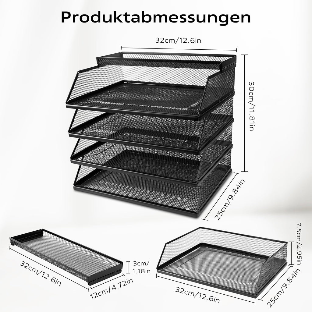 Dokumentenablage A4 Stapelbare Briefablage mit 4 Fächern (32 x 25 x 30 cm), Papierablage Schreibtisch Organizer, Aktenablage Ablagesystem für Büro und Arbeitszimmer, Schwarz