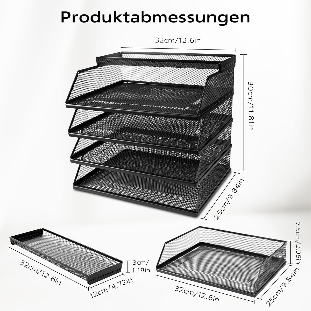 Dokumentenablage A4 Stapelbare Briefablage mit 4 Fächern (32 x 25 x 30 cm), Papierablage Schreibtisch Organizer, Aktenablage Ablagesystem für Büro und Arbeitszimmer, Schwarz