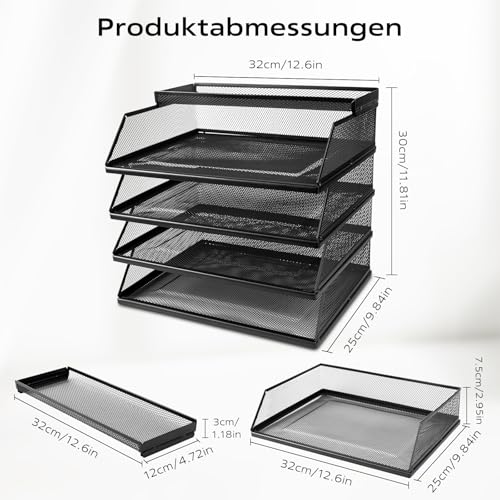 Dokumentenablage A4 Stapelbare Briefablage mit 4 Fächern (32 x 25 x 30 cm), Papierablage Schreibtisch Organizer, Aktenablage Ablagesystem für Büro und Arbeitszimmer, Schwarz