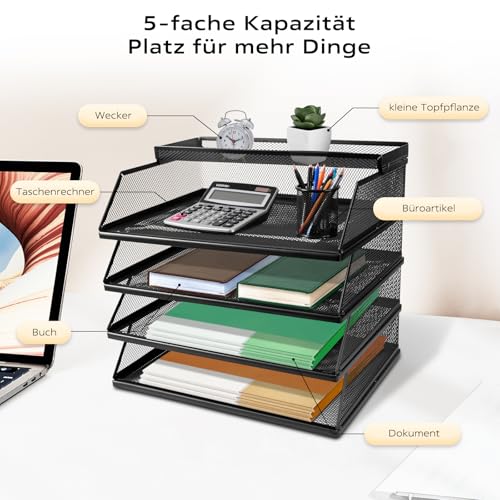 Dokumentenablage A4 Stapelbare Briefablage mit 4 Fächern (32 x 25 x 30 cm), Papierablage Schreibtisch Organizer, Aktenablage Ablagesystem für Büro und Arbeitszimmer, Schwarz