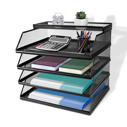 Dokumentenablage A4 Stapelbare Briefablage mit 4 Fächern (32 x 25 x 30 cm), Papierablage Schreibtisch Organizer, Aktenablage Ablagesystem für Büro und Arbeitszimmer, Schwarz
