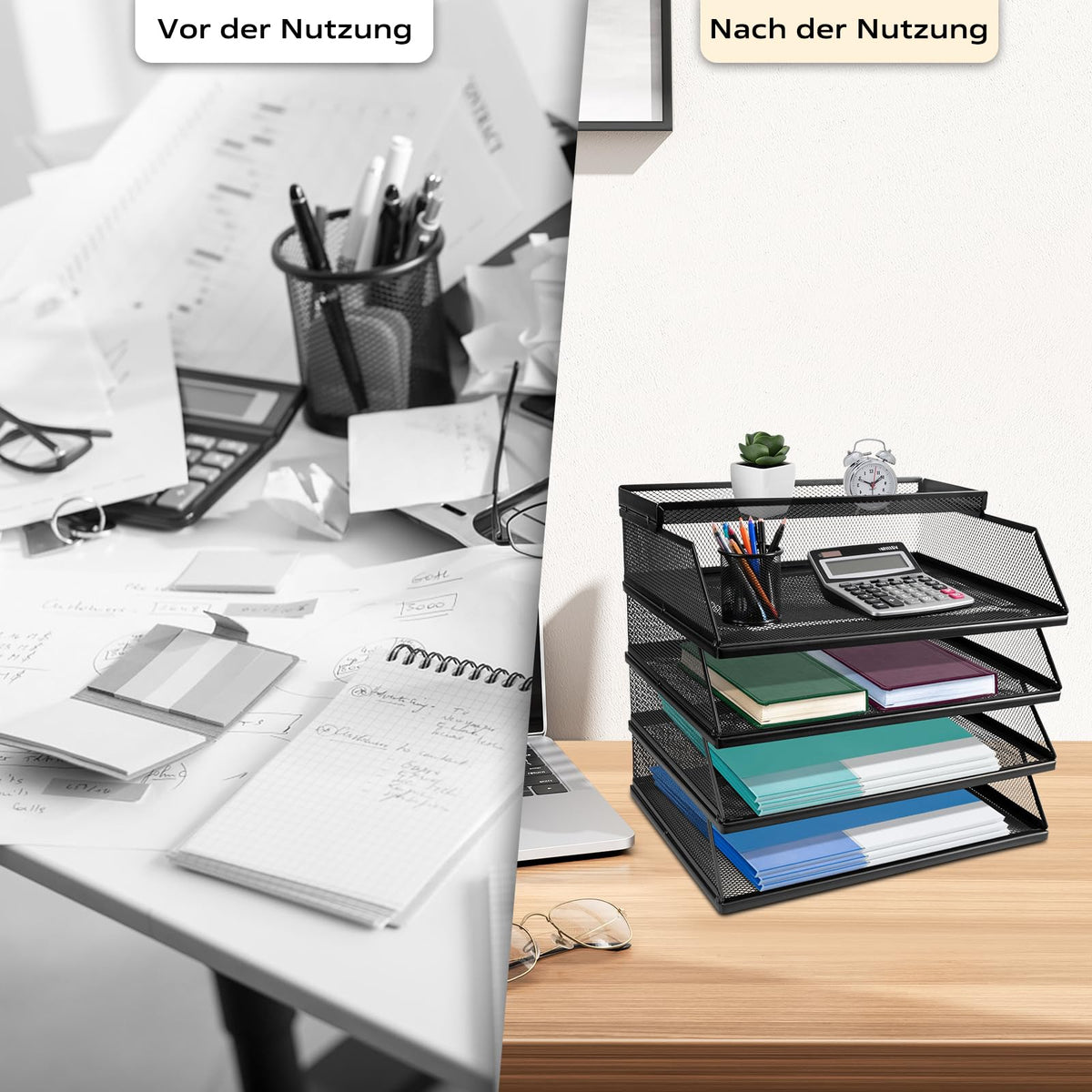 Dokumentenablage A4 Stapelbare Briefablage mit 4 Fächern (32 x 25 x 30 cm), Papierablage Schreibtisch Organizer, Aktenablage Ablagesystem für Büro und Arbeitszimmer, Schwarz