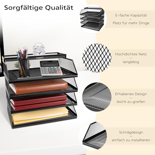 Dokumentenablage A4 Stapelbare Briefablage mit 4 Fächern (32 x 25 x 30 cm), Papierablage Schreibtisch Organizer, Aktenablage Ablagesystem für Büro und Arbeitszimmer, Schwarz