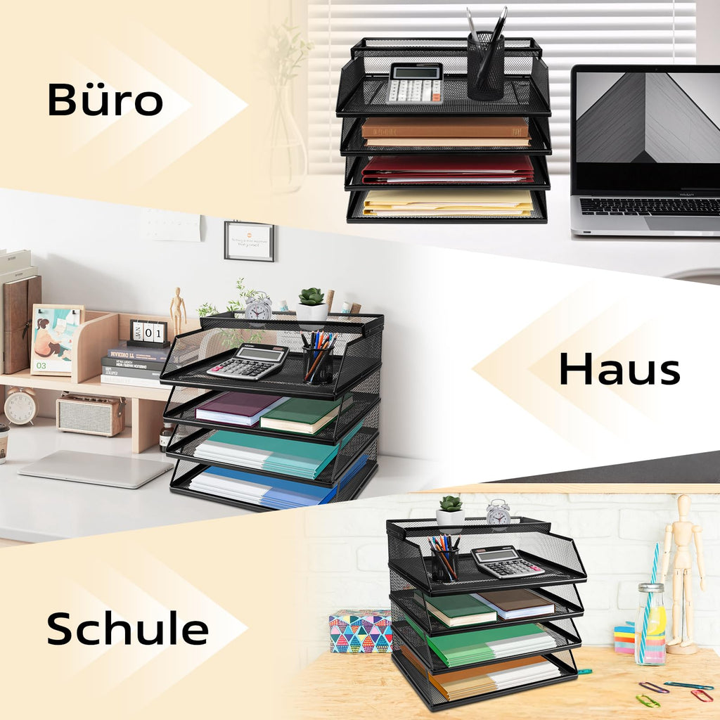 Dokumentenablage A4 Stapelbare Briefablage mit 4 Fächern (32 x 25 x 30 cm), Papierablage Schreibtisch Organizer, Aktenablage Ablagesystem für Büro und Arbeitszimmer, Schwarz