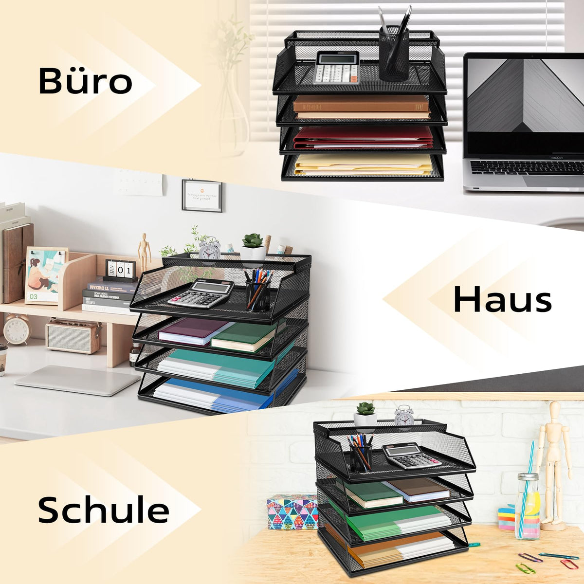 Dokumentenablage A4 Stapelbare Briefablage mit 4 Fächern (32 x 25 x 30 cm), Papierablage Schreibtisch Organizer, Aktenablage Ablagesystem für Büro und Arbeitszimmer, Schwarz