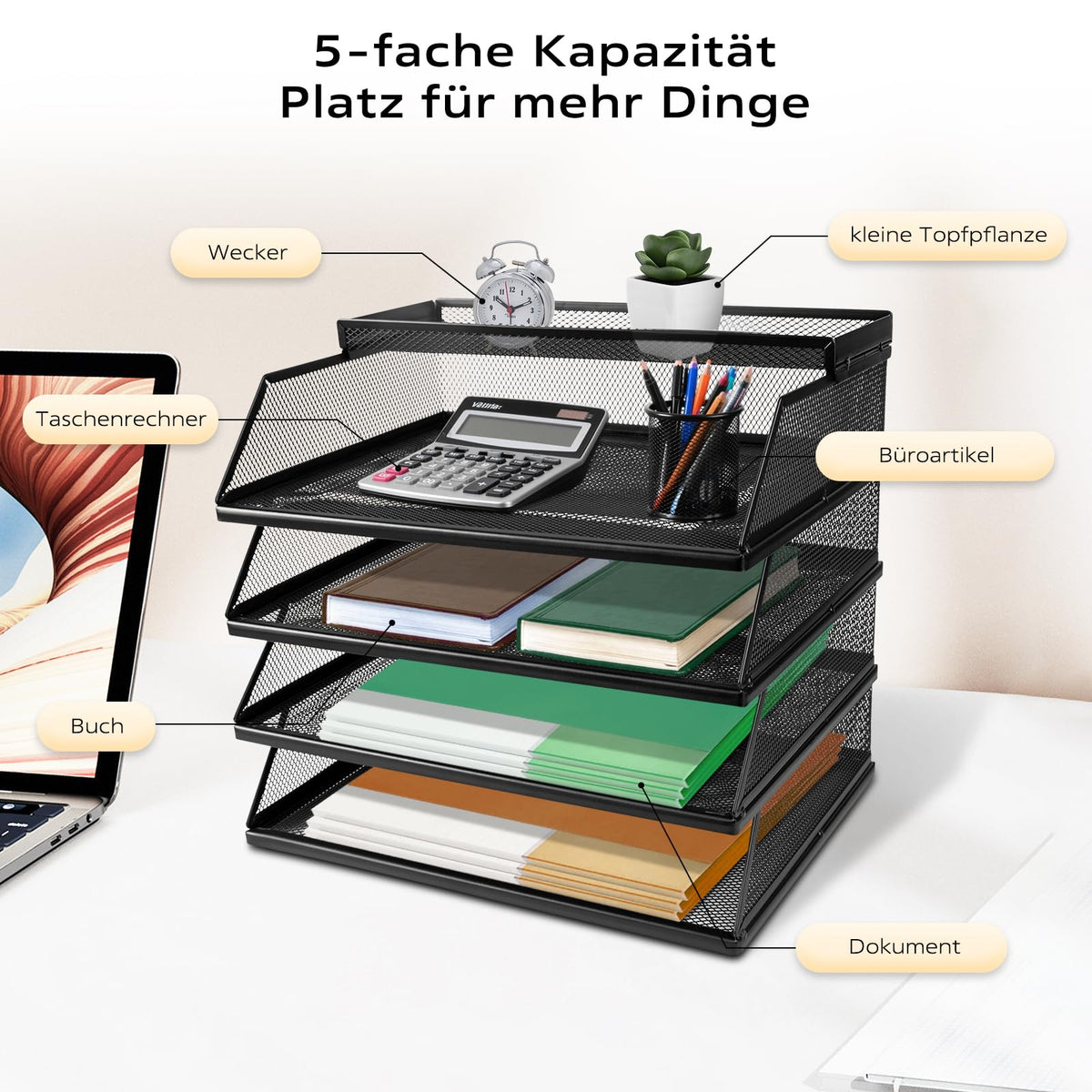 Dokumentenablage A4 Stapelbare Briefablage mit 4 Fächern (32 x 25 x 30 cm), Papierablage Schreibtisch Organizer, Aktenablage Ablagesystem für Büro und Arbeitszimmer, Schwarz