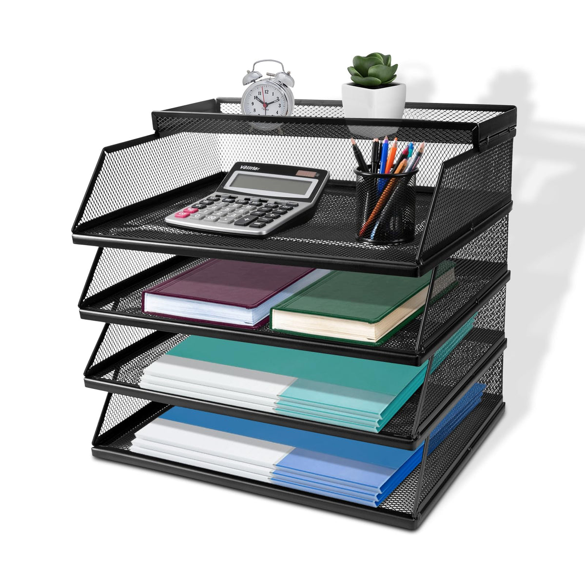 Dokumentenablage A4 Stapelbare Briefablage mit 4 Fächern (32 x 25 x 30 cm), Papierablage Schreibtisch Organizer, Aktenablage Ablagesystem für Büro und Arbeitszimmer, Schwarz