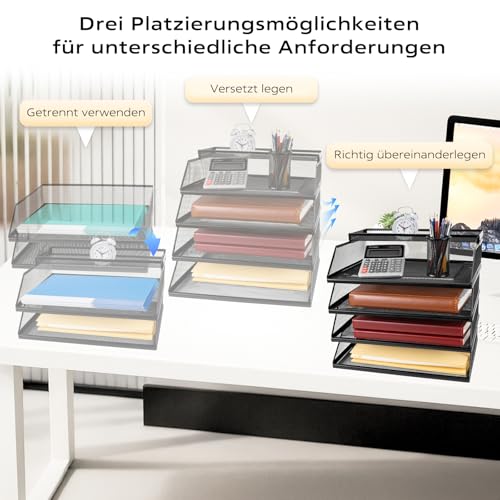 Dokumentenablage A4 Stapelbare Briefablage mit 4 Fächern (32 x 25 x 30 cm), Papierablage Schreibtisch Organizer, Aktenablage Ablagesystem für Büro und Arbeitszimmer, Schwarz