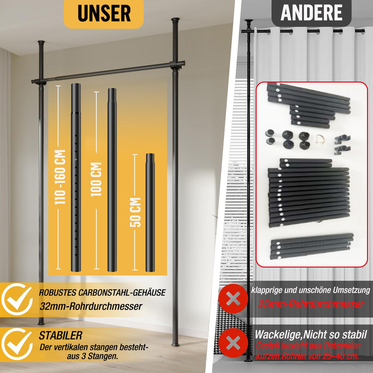 Raumteiler Paraventgestell Gardinenstange, Flexibilität Verstellbare Paravent, Raumteiler Trennwand, ohne Bohren, für Schlafzimmer oder Büro, 180 x 300 cm