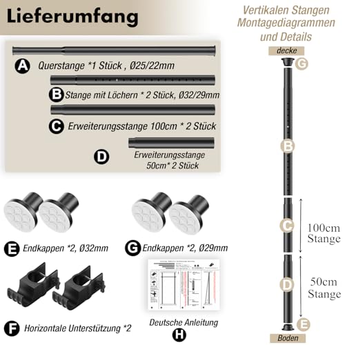 Raumteiler Paraventgestell Gardinenstange, Flexibilität Verstellbare Paravent, Raumteiler Trennwand, ohne Bohren, für Schlafzimmer oder Büro, 180 x 300 cm