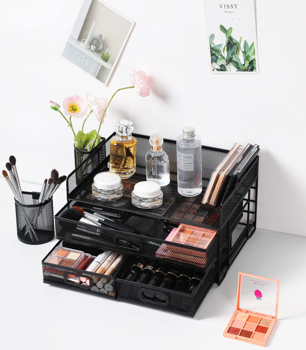 3-Trays Desktop Organizer mit Schublade, Mesh Büro Schreibtisch liefert Organizer Dokumenten Buchstaben Tray Halter für Büro Home (2 Stifthalter)