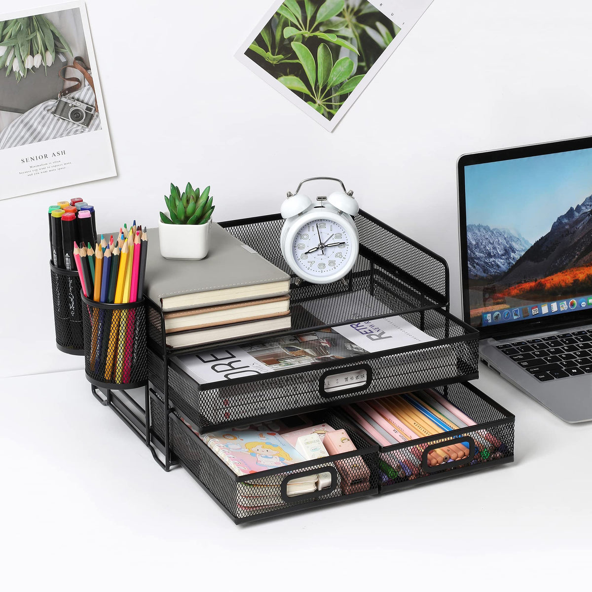 3-Trays Desktop Organizer mit Schublade, Mesh Büro Schreibtisch liefert Organizer Dokumenten Buchstaben Tray Halter für Büro Home (2 Stifthalter)