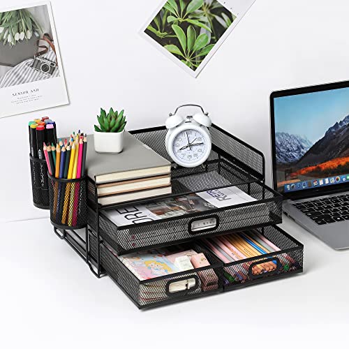 3-Trays Desktop Organizer mit Schublade, Mesh Büro Schreibtisch liefert Organizer Dokumenten Buchstaben Tray Halter für Büro Home (2 Stifthalter)
