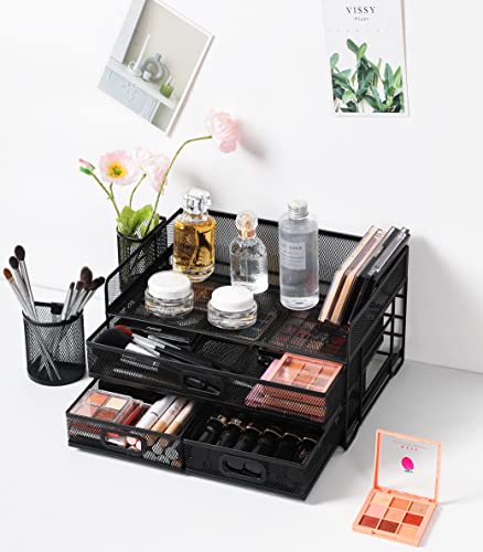 3-Trays Desktop Organizer mit Schublade, Mesh Büro Schreibtisch liefert Organizer Dokumenten Buchstaben Tray Halter für Büro Home (2 Stifthalter)