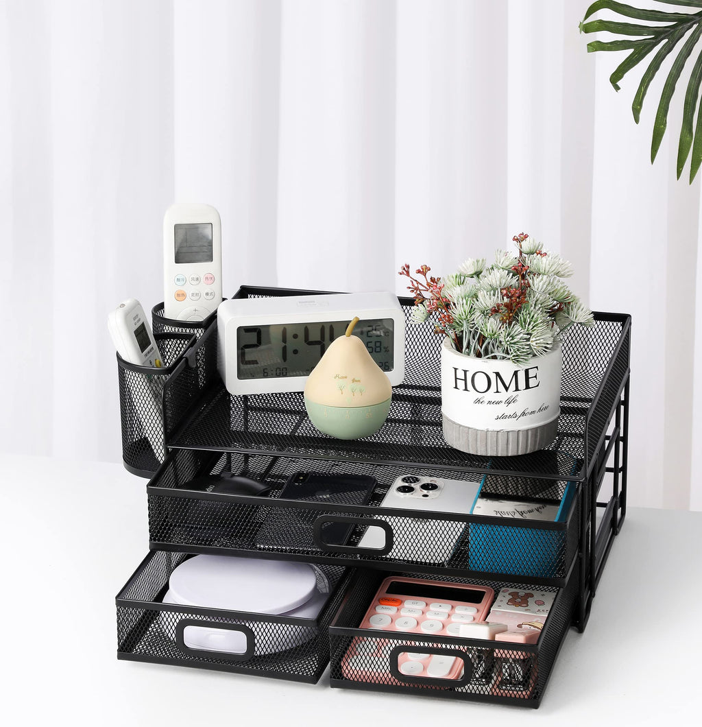 3-Trays Desktop Organizer mit Schublade, Mesh Büro Schreibtisch liefert Organizer Dokumenten Buchstaben Tray Halter für Büro Home (2 Stifthalter)
