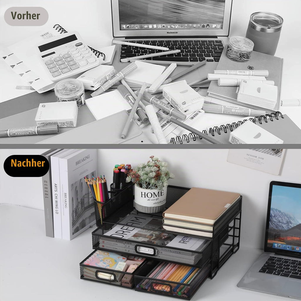 3-Trays Desktop Organizer mit Schublade, Mesh Büro Schreibtisch liefert Organizer Dokumenten Buchstaben Tray Halter für Büro Home (2 Stifthalter)